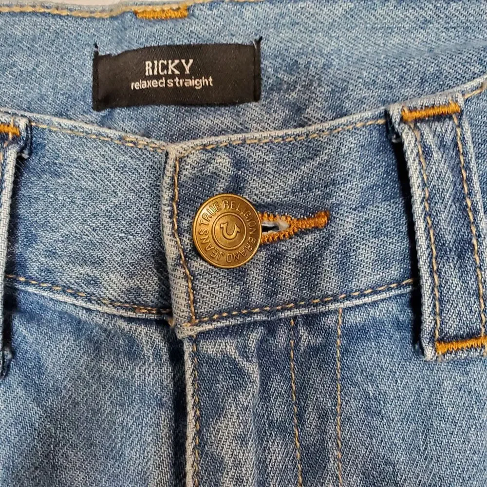 True Religion Brand Mens Jeans Ricky Relaxed Straight Leg SZ 34 Blue Distressed